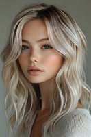 Young woman with platinum blonde wavy hair and blue eyes against neutral background, showcasing modern hairstyle and natural makeup look.