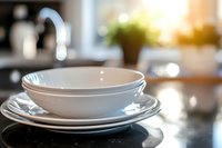 Clean white ceramic plates and bowls stacked on dark countertop in modern kitchen interior with soft natural lighting and blurred background.