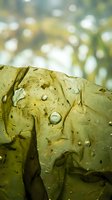 Fresh green leaf with water droplets after rain on natural blurred background for environmental and nature concepts.