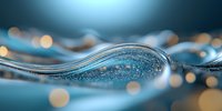 Flowing liquid waves with glitter particles and golden bokeh lights on turquoise blue background, macro photography for luxury cosmetic advertising.