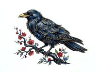 Dark blue raven perched on flowering branch with red blooms, isolated on white background, suitable for clipart, t-shirt design, and decorative applications.