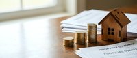Wooden house model with stacked coins on financial documents representing mortgage, real estate investment, property savings and home loan planning concept.