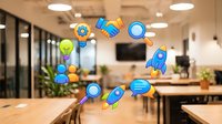 Startup business team collaborating in modern office with floating icons representing innovation, partnership, communication and growth strategy for corporate success.
