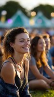 Young woman enjoying outdoor summer music festival with friends, smiling in golden sunset light with colorful tents and bokeh in background.