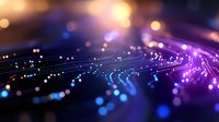 Abstract digital circuit board with glowing purple and blue lights creating futuristic technology background for electronics and innovation concepts.