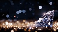 Brilliant diamond on dark background with golden bokeh lights and sparkles. Luxury jewelry concept with dramatic lighting and reflective surface.