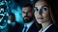 Professional businesswoman analyzing digital data with male colleague in modern tech environment for corporate presentations and financial reports.