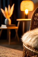 Cozy evening interior with wicker chair, fur cushion, and warm lamp creating intimate atmosphere. Potted plant adds natural element to stylish home decor.