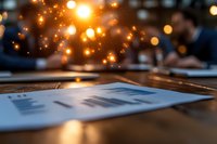 Business documents on wooden desk with warm bokeh lights creating professional atmosphere for corporate presentations and meetings.