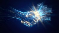 Glowing digital handshake with circuit lines and data charts on dark blue background, symbolizing technology partnership and business collaboration.