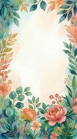 Watercolor floral frame with pink peonies, teal leaves, and gold accents on a soft pastel background with copy space for text.