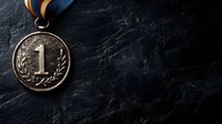 Bronze first place medal with number one and laurel wreath design on dark textured stone background with dramatic lighting and copy space for sports achievement.