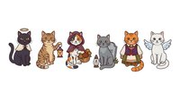 Cute cartoon cats with various expressions and accessories isolated on white background, ready for clipart, t-shirt designs and children's illustrations.