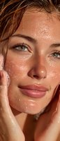 Young Caucasian woman with wet dewy skin and water droplets touching face in skincare routine. Natural glowing complexion with fresh clean look for beauty wellness.
