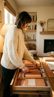 Woman with dark shoulder-length hair, Caucasian ethnicity, wearing cream knit sweater and dark pants, organizing colored pencils in wooden drawer organizer at desk in warm home office with fireplace and shelving.