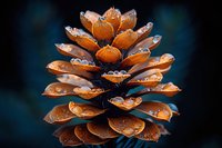 Macro shot of brown pine cone with water droplets against dark blue background, showcasing natural texture and botanical detail.