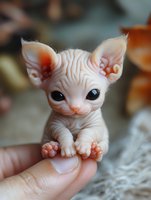 Tiny hairless sphynx kitten with large blue eyes and wrinkled pink skin sits in palm, showing delicate paws and pointed ears against soft blurred background.