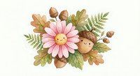Cute autumn floral arrangement with smiling daisy, acorns and oak leaves on transparent background for seasonal designs and crafts.