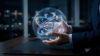 Businessman holding glowing digital brain with network connections in modern office environment representing artificial intelligence and technology innovation.