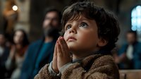 Young boy with curly hair praying in church, hands clasped together looking up with hope and devotion during religious service with congregation in background.