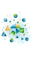 Abstract business infographic with geometric shapes, icons and connecting lines representing data analysis, innovation and growth strategies for presentations.