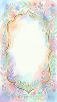 Watercolor floral frame with gold ornate border, pastel pink, blue and mint flowers, soft botanical background for wedding or greeting card.