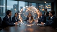 Business professionals discussing global strategy with holographic Earth projection in modern conference room for corporate presentations.