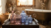 Colorful glass bottles and jars arranged on wooden tray in warm bathroom setting with vintage bathtub and floating soap bubbles creating spa atmosphere.