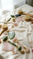 Natural skincare tools collection with jade and rose quartz gua sha stones, facial rollers, dry brushes on soft white fabric for wellness routine.