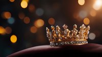 Golden royal crown with diamonds and gemstones on dark background with bokeh lights, symbolizing luxury, power and nobility.