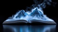 Magical open book with glowing mountain peaks emerging from pages in mystical blue light and swirling fog against dark background, creating surreal literary scene.