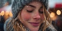 Young woman with closed eyes enjoying snowfall, wearing knit hat with rosy cheeks and gentle smile, illuminated by soft bokeh lights in winter atmosphere.