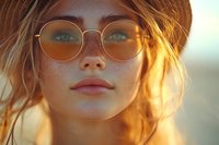 Young Caucasian woman with freckles wearing round glasses and hat in warm golden sunset light, looking up dreamily. Natural beauty portrait with soft bokeh background.