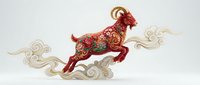 Red ornate goat with golden floral patterns leaping through decorative clouds on white background, Chinese zodiac symbol for lunar new year celebrations.