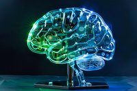 Glowing digital brain model with circuit patterns in blue and green neon colors against dark background showcases artificial intelligence and neural network concept.