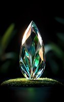 Faceted crystal gem with emerald and turquoise reflections standing on moss in dramatic lighting against dark background, creating magical atmosphere.