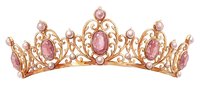 Elegant rose gold tiara with pink gemstones and ornate scrollwork design for luxury fashion, wedding accessories, and royal themed projects.