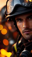 Firefighter with dark hair and facial hair wearing protective helmet and gear, illuminated by warm golden light and blurred fire bokeh background, suitable for emergency services, safety training, and heroic professional portraits.