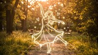 Young woman dancing joyfully in autumn park with warm sunlight filtering through golden trees creating magical atmosphere for wellness and freedom concepts.