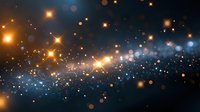 Magical glowing particles and stars scattered across dark blue background with golden light effects and bokeh creating dreamy cosmic atmosphere.