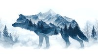 Double exposure silhouette of wolf filled with snowy mountain landscape and forest in winter season, artistic nature composition in blue tones.