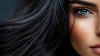 Close up portrait of young woman with intense blue eyes, flawless bronzed skin, and flowing dark hair against dark background, dramatic lighting highlights facial features.