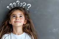 Curious young girl with long brown hair looking up at question marks above her head against gray background, wearing white t-shirt, expressing wonder and curiosity.