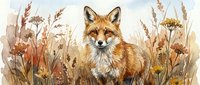 Red fox sitting in autumn meadow with golden grass and wildflowers. Watercolor wildlife illustration for nature designs, educational materials, prints.
