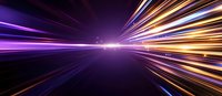 Dynamic light trails creating speed effect with purple and golden streaks against dark background, abstract motion blur lines radiating from center point.