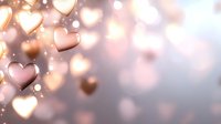 Glowing rose gold hearts floating on blurred bokeh background with sparkles and light effects, romantic atmosphere for Valentine's day cards and wedding designs.