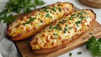 Two golden baked potato boats filled with melted cheese and fresh herbs on wooden cutting board. Comfort food recipe for dinner or lunch preparation.