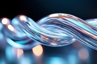 Flowing abstract twisted glass or liquid shape with blue glow effect on dark background with bokeh lights, modern dynamic design element.
