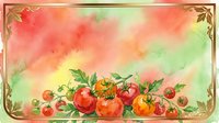 Watercolor tomato harvest with ripe red and orange fruits scattered on vine with green leaves against soft peachy and sage gradient background, ornate gold corner flourishes, vintage botanical illustration style for culinary, recipe, and garden design projects.
