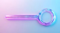 Glowing magnifying glass with neon pink and blue gradient effect on pastel background, modern minimal design concept for search and discovery.